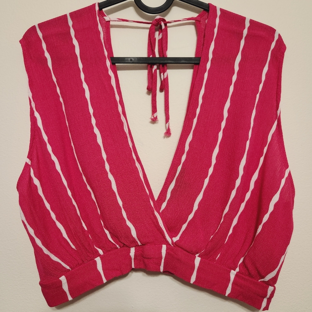 Pink & White Striped Cropped Deep Vneck Top